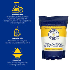 Doctor Butler's epsom salt soak dissolving in warm bathwater for comfort.
