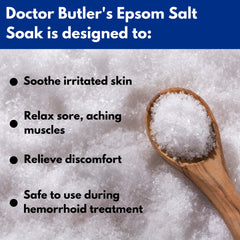 Packaging for Doctor Butler's epsom salt soak highlighting vegan, natural ingredients.