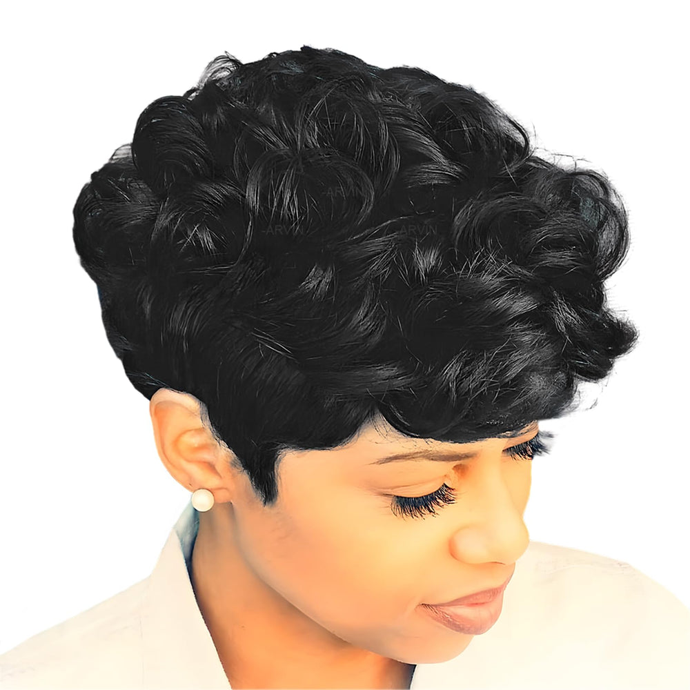 DOcute black short pixie wig front view shows natural texture for daily wear