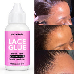 Dolahair lace glue packaging showing latex-free, water-based formula for sensitive scalps.