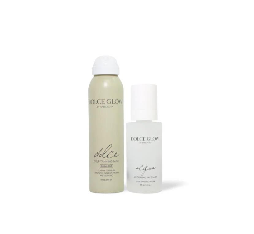 Dolce Glow Devin travel-size self-tanning mist bottle for sun-kissed color on the go.