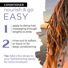Dollylocks conditioner label closeup reveals Nag Champa scent.