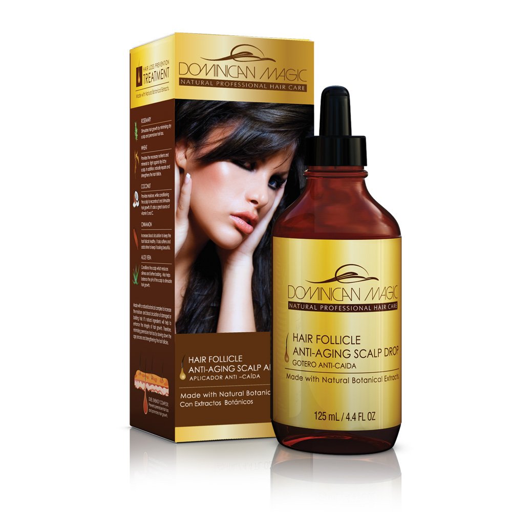 Dominican Magic Hair Follicle Drops bottle close-up highlighting nourishing scalp formula