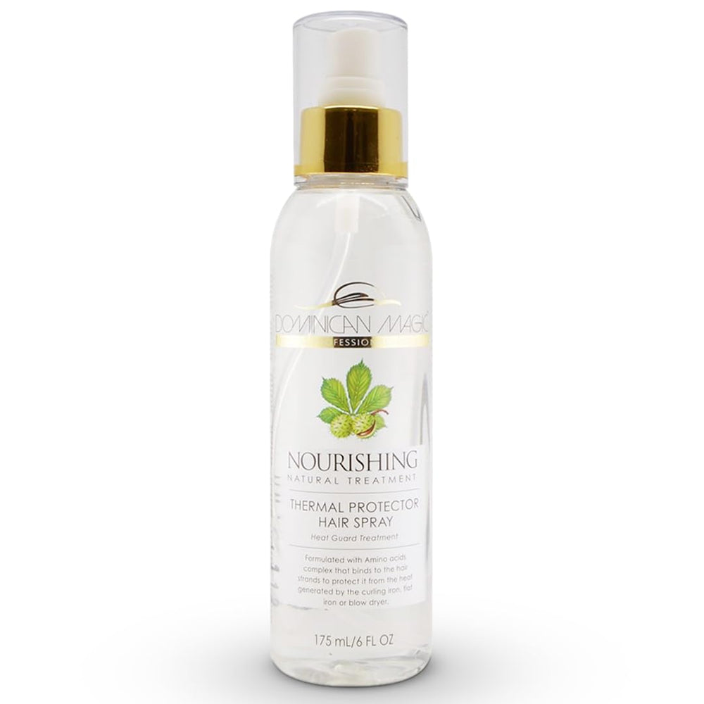 Dominican Magic Thermal Hair Spray bottle demonstrates heat protection for all hair types.