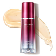 Donginbi Daily Defense Essence bottle pour highlights firming and radiant skin benefits.