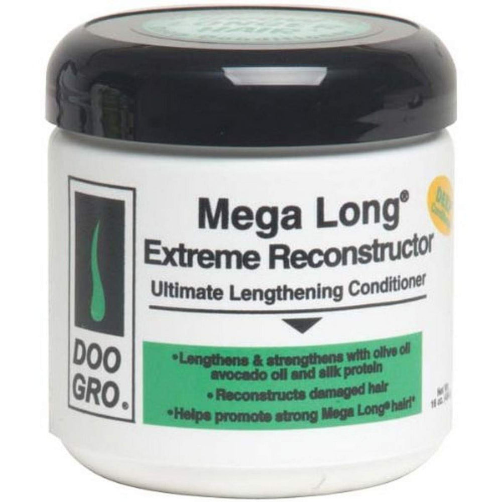 Doo Gro Mega Long Extreme Reconstructor bottle on a vanity, supporting stronger, longer-looking hair.