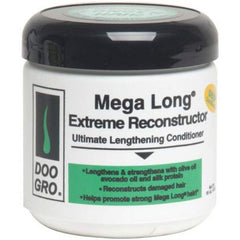 Doo Gro Mega Long Extreme Reconstructor bottle on a vanity, supporting stronger, longer-looking hair.