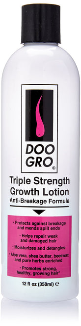 Doo Gro Growth Lotion Triple Strength bottle 12oz showing strong, healthy-looking hair support.