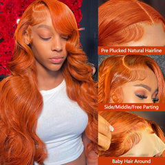 Dorbess Ginger Orange 30 inch lace front wig side view showcasing flowing body wave
