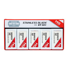 Dorco ST301 platinum double-edge blade metal close-up shows universal compatibility.
