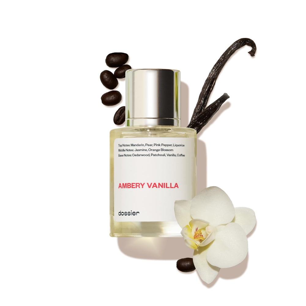 Dossier Ambery Vanilla bottle front, luxurious fragrance presentation for daily wear