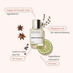 Dossier Aromatic Star Anise bottle back highlights long-lasting fragrance and premium ingredients.