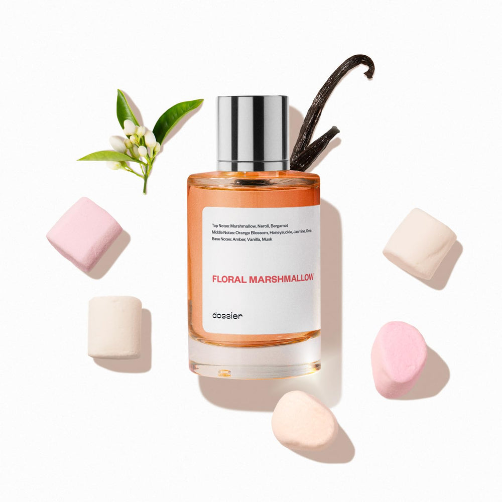 Dossier Floral Marshmallow bottle front view, a premium everyday fragrance.