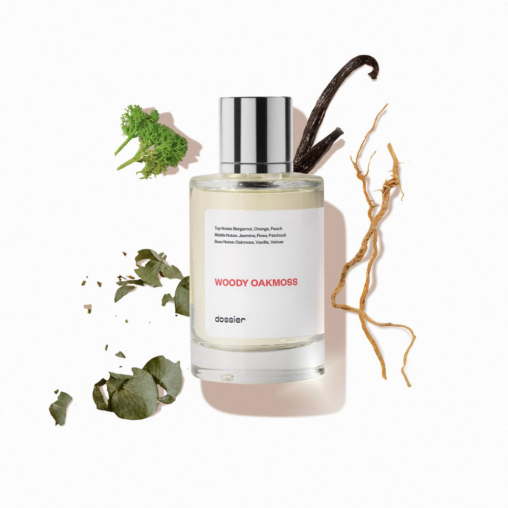 Dossier Woody Oakmoss bottle front, inviting daily fragrance experience