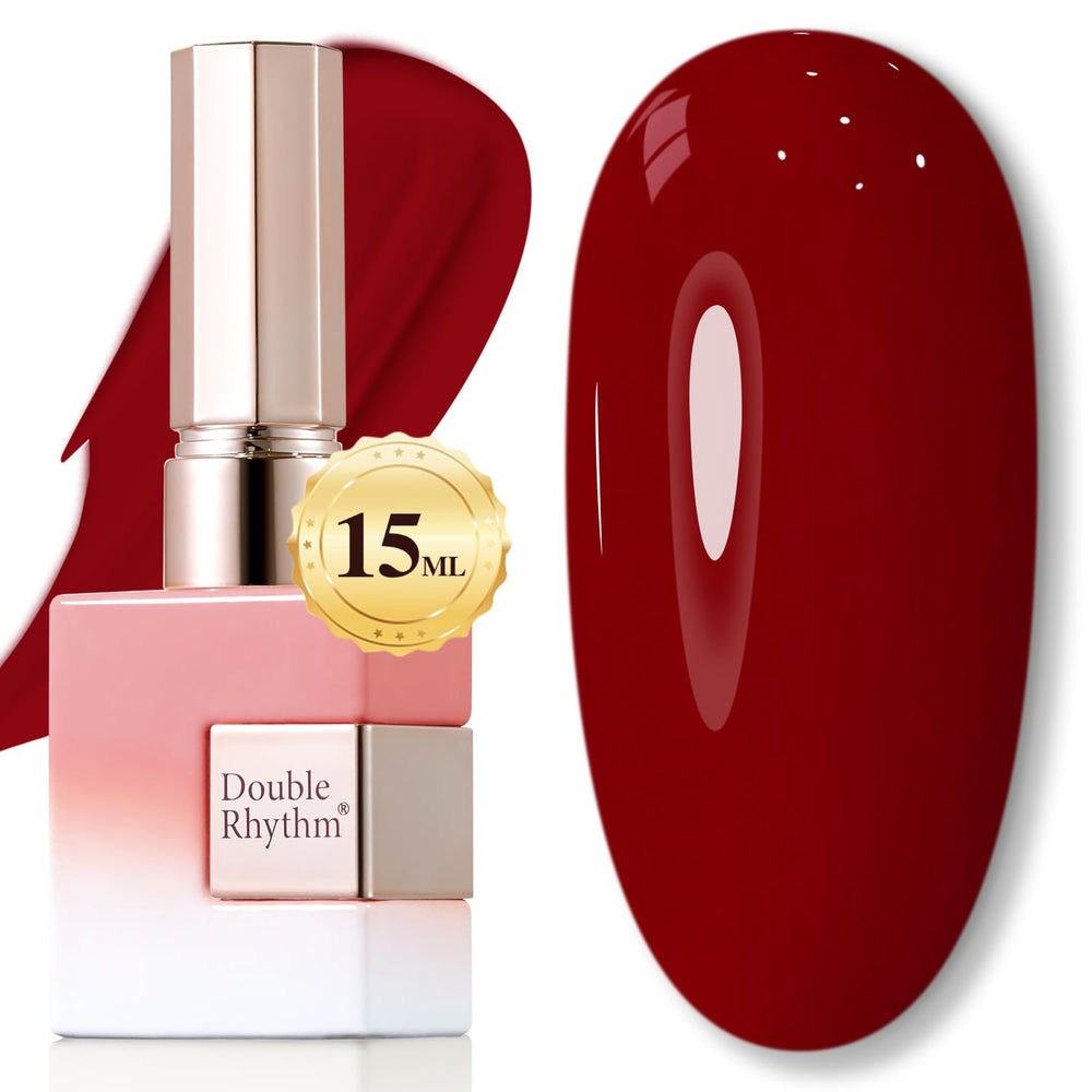 Double Rhythm 15ml dark red gel polish bottle shows vibrant color for salon-quality results.