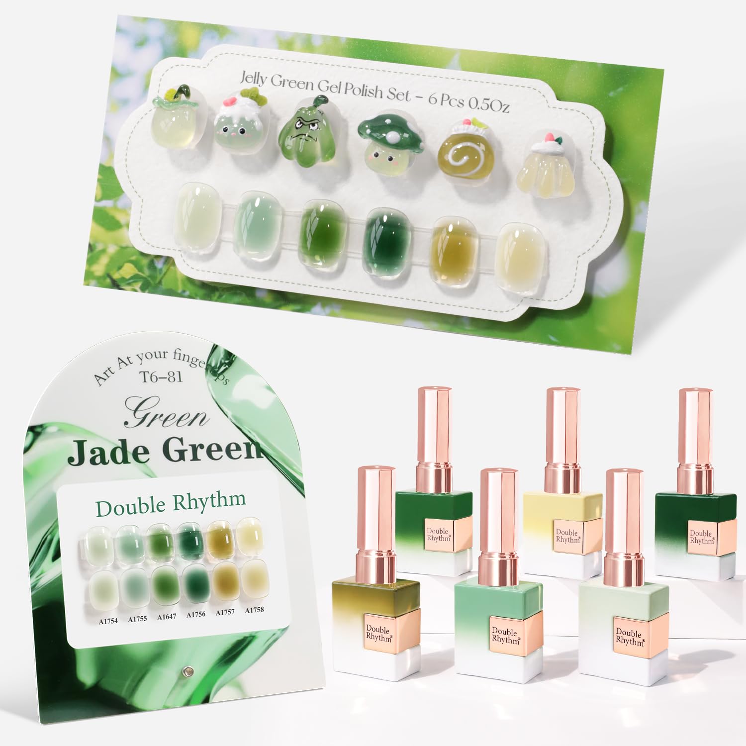 Double Rhythm gel polish set of six 15ml bottles in jelly milky green-teal hues