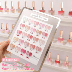 Double Rhythm base, top, and building gels for durable gel manicures.