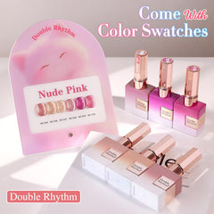 Six-pack bottle close-up from Double Rhythm kit showing nude pink rose shade.