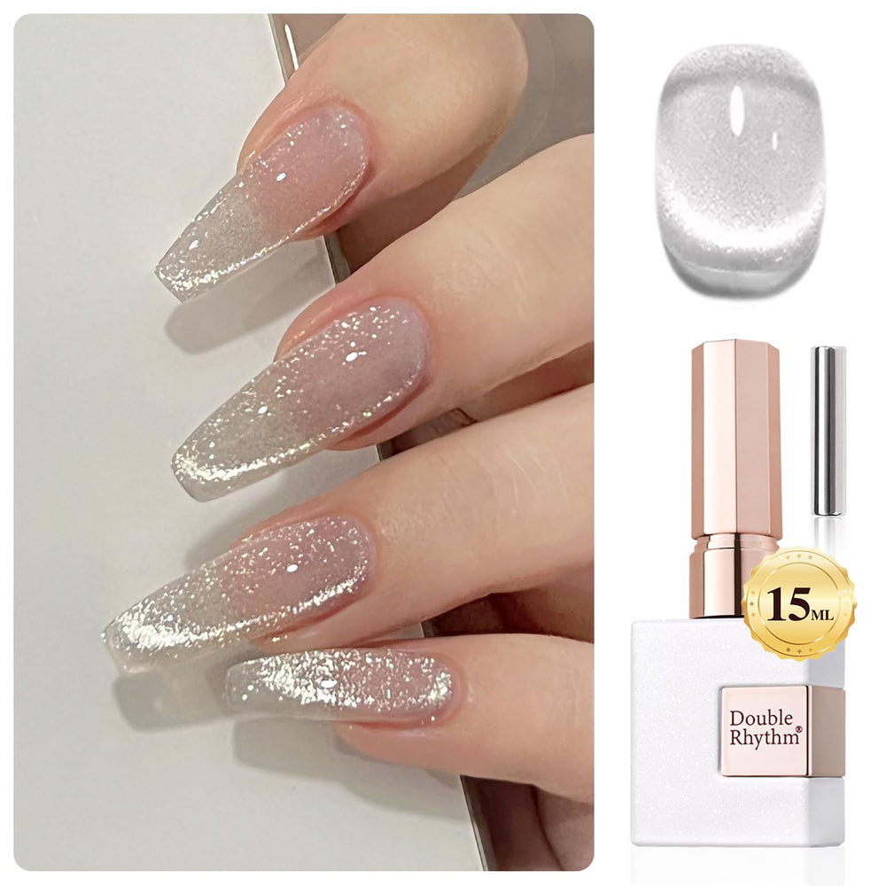 Double Rhythm cat eye gel polish bottle with holographic shimmer for chic nails.