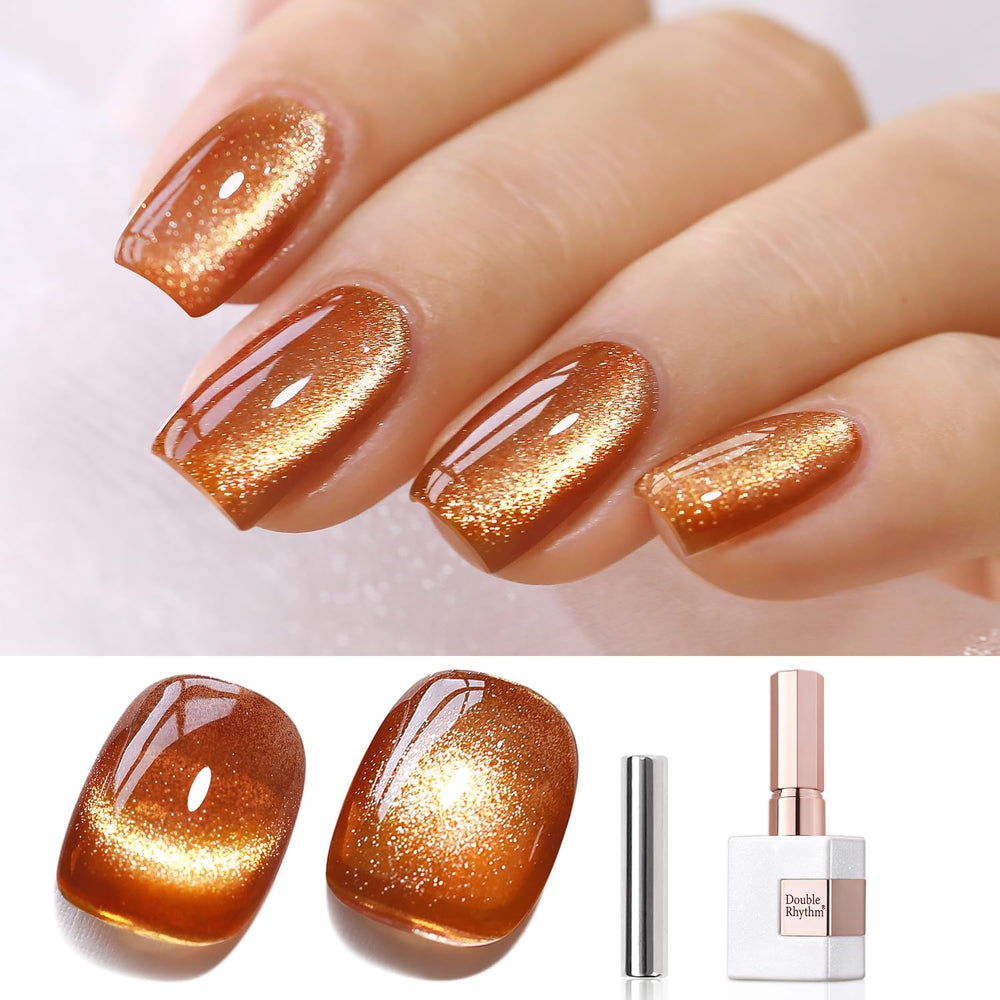 Double Rhythm cat-eye gel polish in brown with magnet for shifting shimmer.