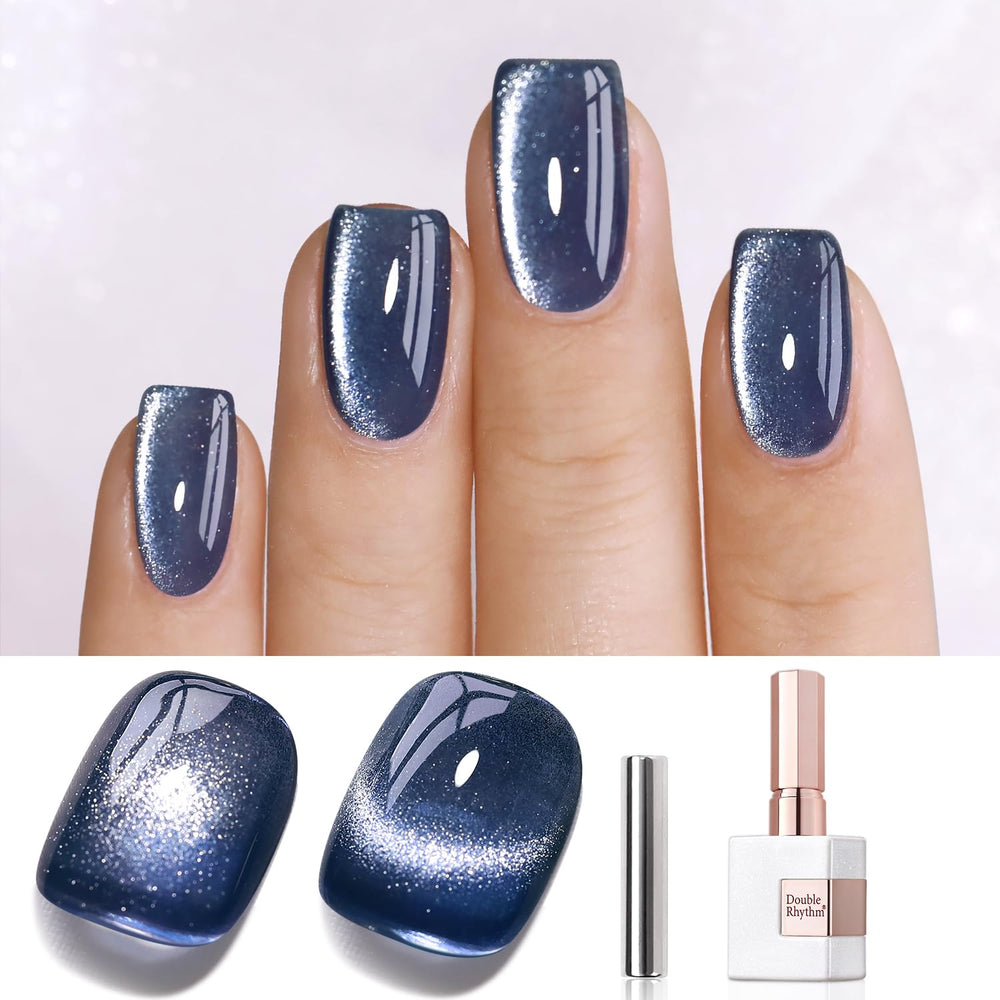 Double Rhythm cat eye gel polish dark blue bottle close-up highlighting holographic shimmer.