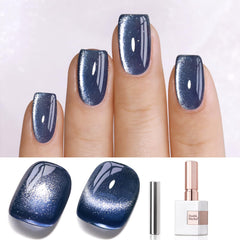 Double Rhythm cat eye gel polish dark blue bottle close-up highlighting holographic shimmer.