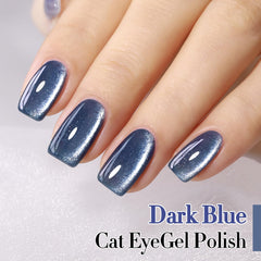 Double Rhythm cat eye gel polish dark blue bottle with magnetic effect demonstration.