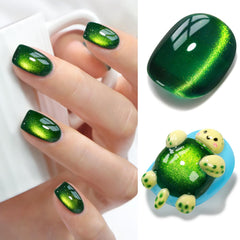 Double Rhythm cat eye gel polish in dark green with magnetic shimmer for striking nails.