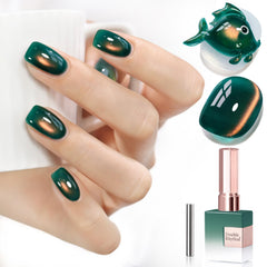 Double Rhythm cat-eye gel polish Golden Green bottle showing vivid color