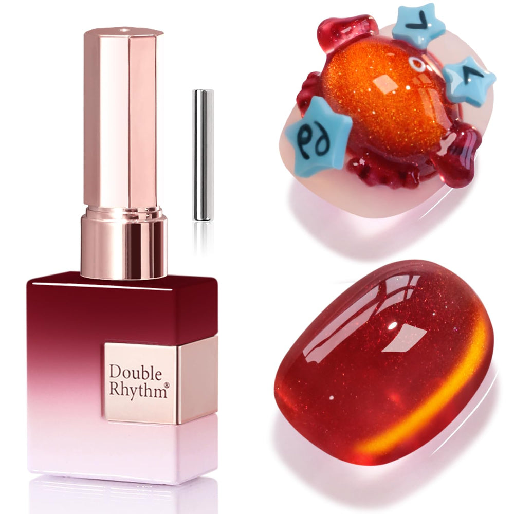 Double Rhythm cat-eye gel polish in sunny blood red showing magnetic shift for chic nails