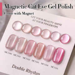 Double Rhythm cat-eye glitter pink bottle glows under LED lighting.