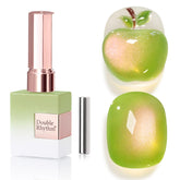 Double Rhythm cat-eye polish bottle in green-pink with magnetic shimmer.