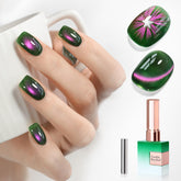 Double Rhythm cat eye polish in green-pink bottle with magnetic shimmer for depth