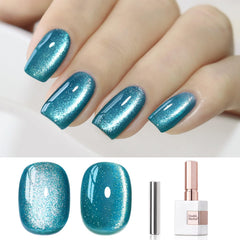 Double Rhythm cat eye teal gel polish bottle with magnet for dramatic shimmer