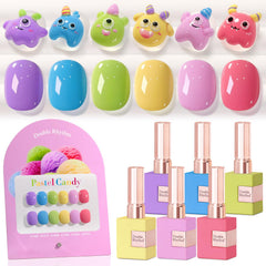 Double Rhythm gel polish bottles on display showing the 6-piece set for easy color choice