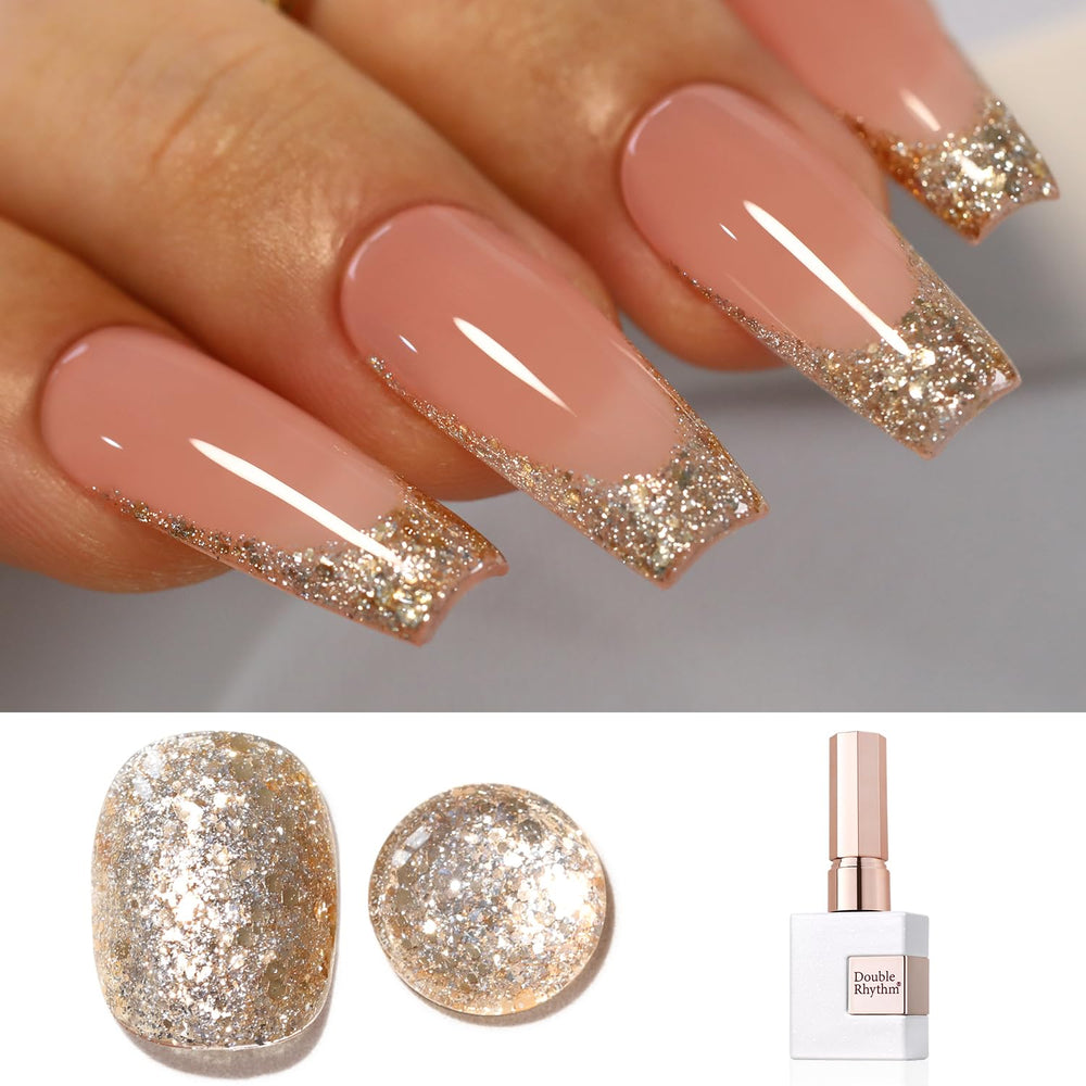 Double Rhythm glitter gel polish bottle close-up with holographic shimmer for dazzling nails.