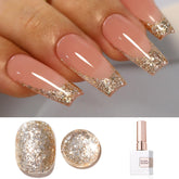 Double Rhythm glitter gel polish bottle close-up with holographic shimmer for dazzling nails.