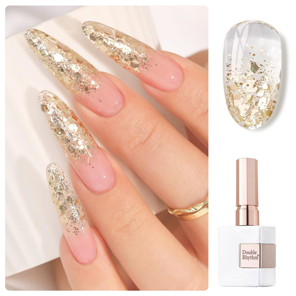 Double Rhythm glitter gel polish bottle front shows pearlescent shimmer.