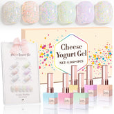 Double Rhythm glitter gel polish set with display board showing six vibrant colors