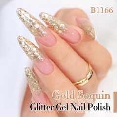 Double Rhythm glitter gel polish closeup reveals shimmering pearlescent finish.
