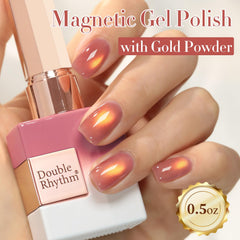 Double Rhythm holographic glitter sheen in grape-gold cat-eye polish during magnet use