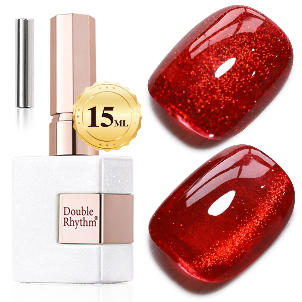 Double Rhythm jelly glass cat eye polish bottle shows Blood Red shade for shimmering nails
