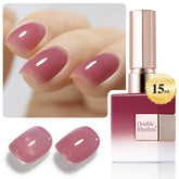 Double Rhythm light plum gel polish bottle close-up with sheer pastel glow and glossy finish.