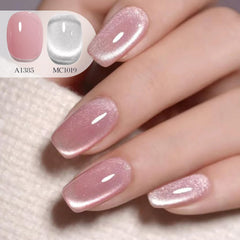 Double Rhythm gel nail art at-home showcase with shimmering cat eye effect.