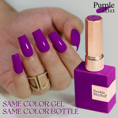 Swatches show Double Rhythm Neon Purple gel polish's sheer lavender tone.