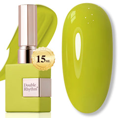 Double Rhythm olive green gel polish bottle; rich color and sleek label.