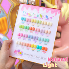 Double Rhythm base gel, top gel, and building gel ready for durable manicure application.