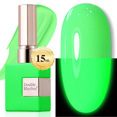 Double Rhythm neon light green gel polish bottle for a pure sheer, long-lasting manicure.