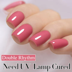 Double Rhythm packaging for rose pink gel polish emphasizes easy storage and travel size