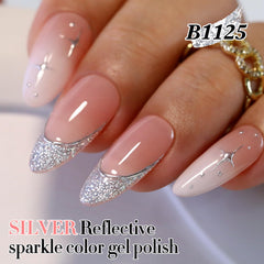 Double Rhythm silver glitter gel polish under lamp, quick cure for long-lasting shine.